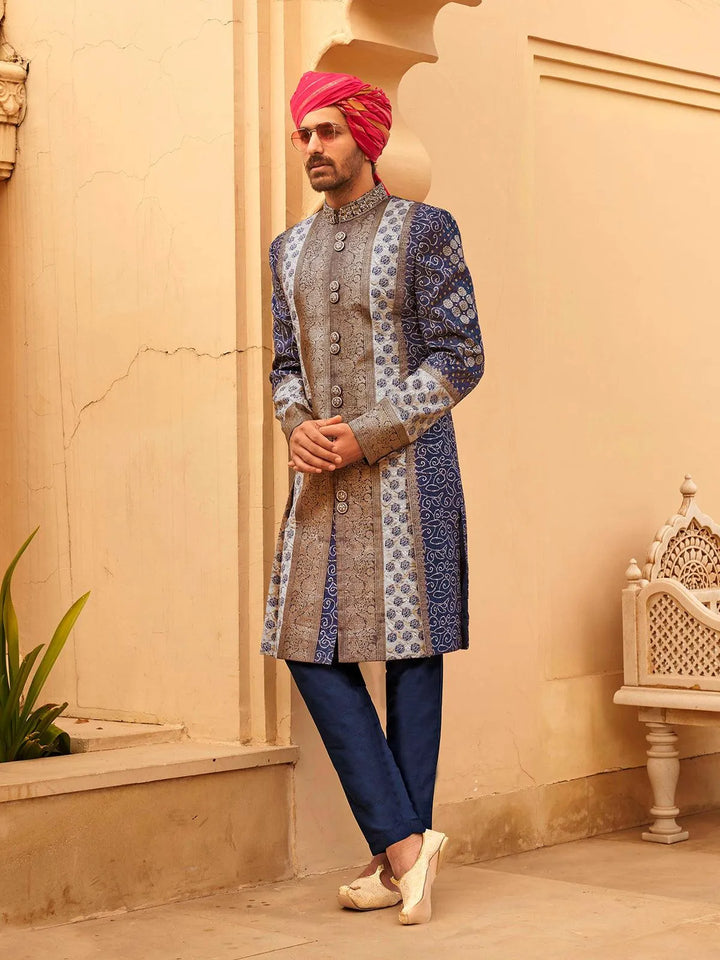 Trendy Navy Blue Silk Men's Indo-wester Kurta Sherwani Set For Weeding - VJV Now