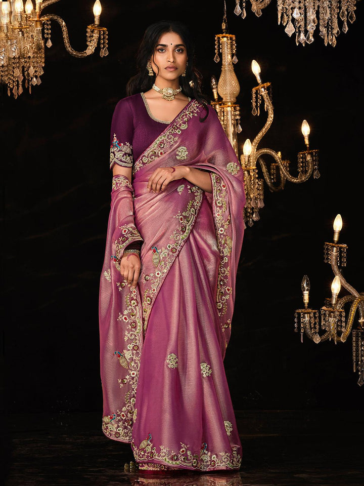 Trendy Onion Pink Sequin Embroidered Saree with fancy Purple Blouse - VJV Now