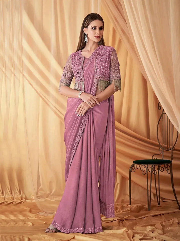 Trendy Pink Georgette Resham Saree with Jacket For Party Wear