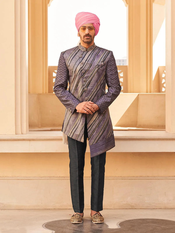 Trendy Purple P.V Silk Men's Indo-wester Sherwani Set For Weeding & Party Reception - VJV Now