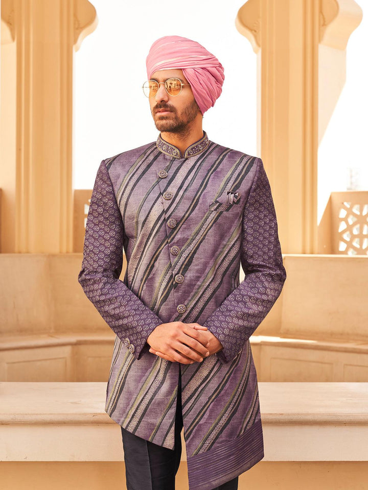 Trendy Purple P.V Silk Men's Indo-wester Sherwani Set For Weeding & Party Reception - VJV Now