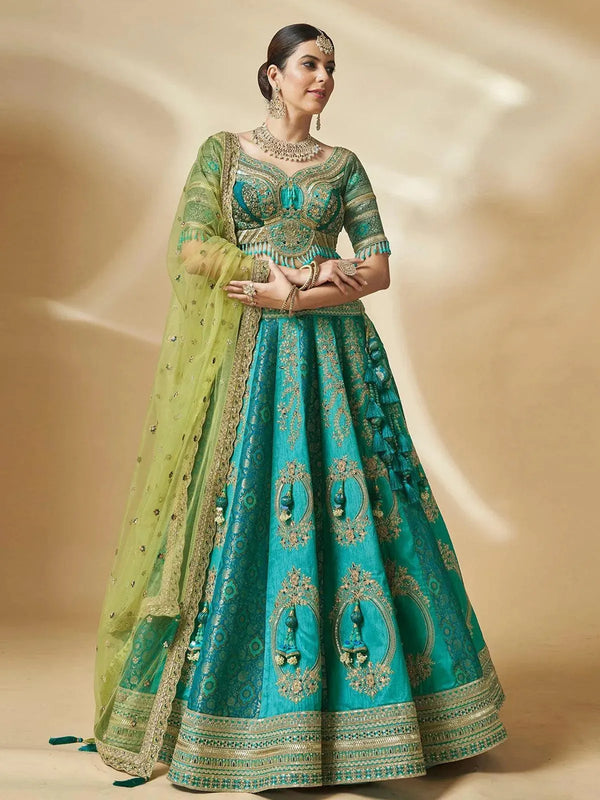 Turquoise Art Silk Hand Work With Embroidery Umbrella Lehenga Choli Wedding Wear - VJV Now