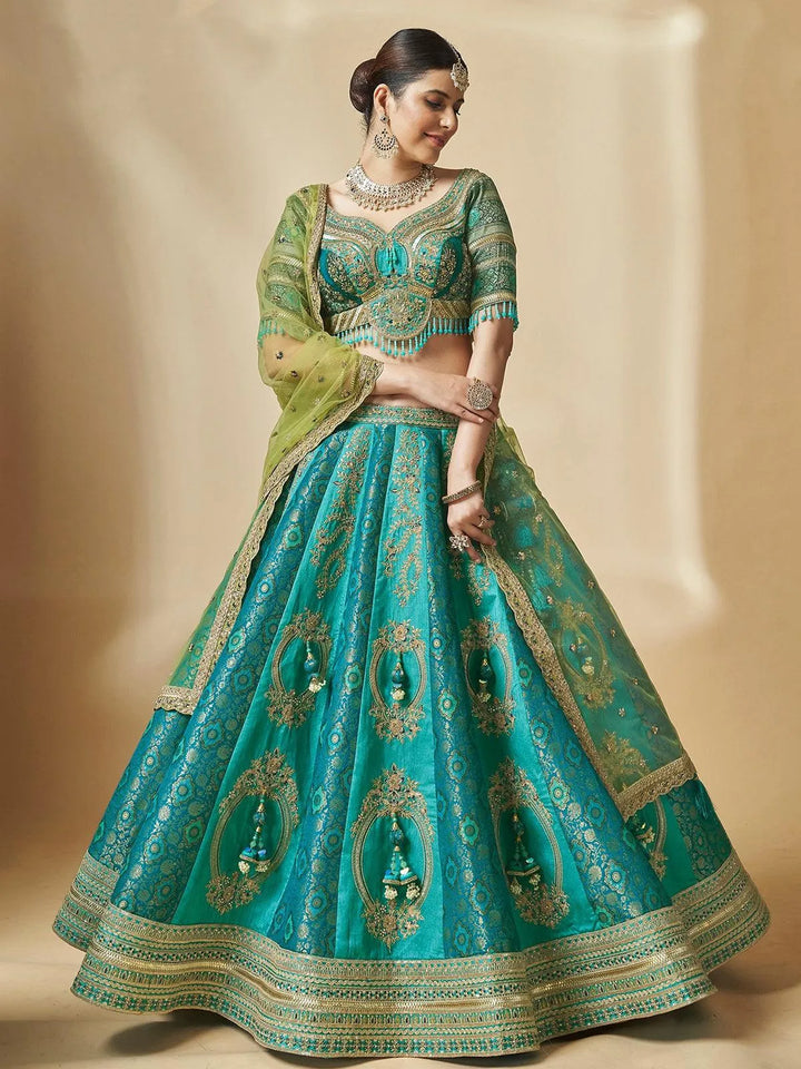 Turquoise Art Silk Hand Work With Embroidery Umbrella Lehenga Choli Wedding Wear - VJV Now