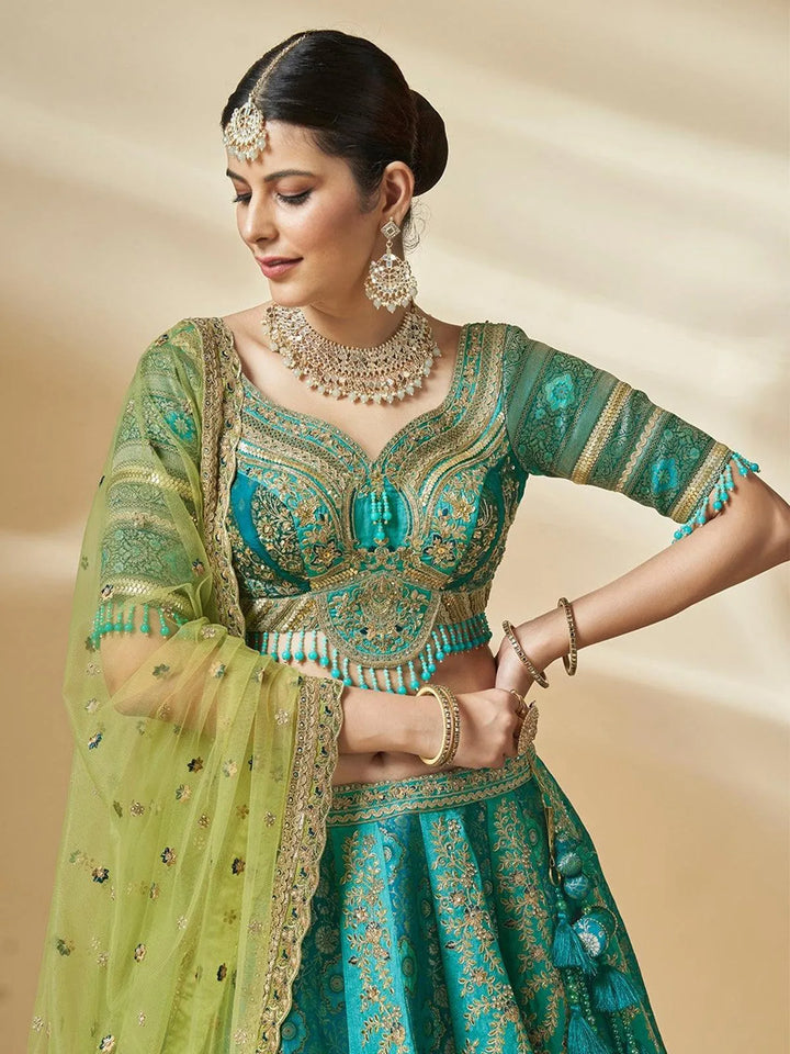 Turquoise Art Silk Hand Work With Embroidery Umbrella Lehenga Choli Wedding Wear - VJV Now