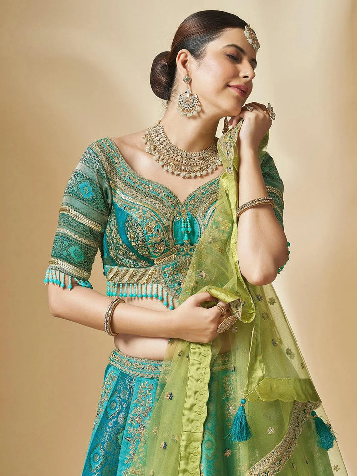 Turquoise Art Silk Hand Work With Embroidery Umbrella Lehenga Choli Wedding Wear - VJV Now