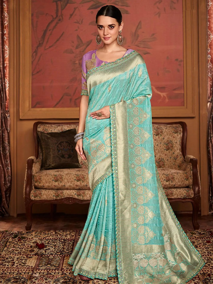 Turquoise Art Silk Zari Work saree - VJV Now