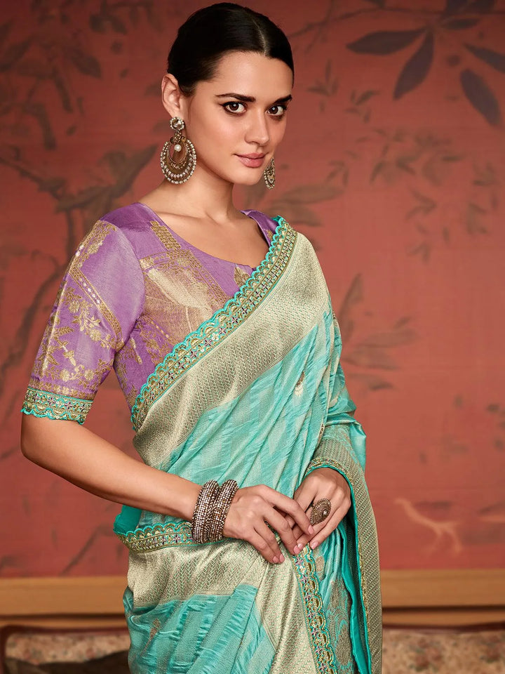 Turquoise Art Silk Zari Work saree - VJV Now