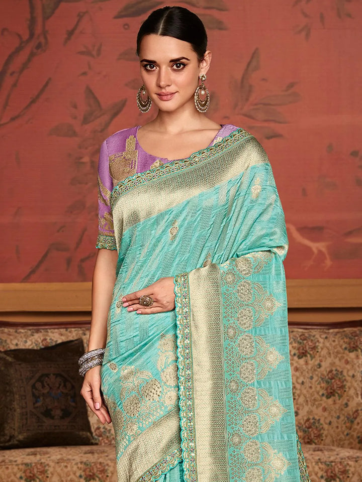 Turquoise Art Silk Zari Work saree - VJV Now