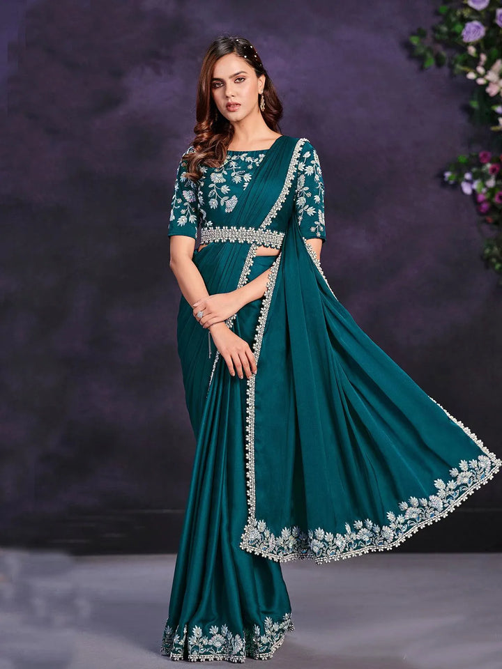 Turquoise Blue Crape Satin Silk Embroidered Ready to Wear Saree - VJV Now