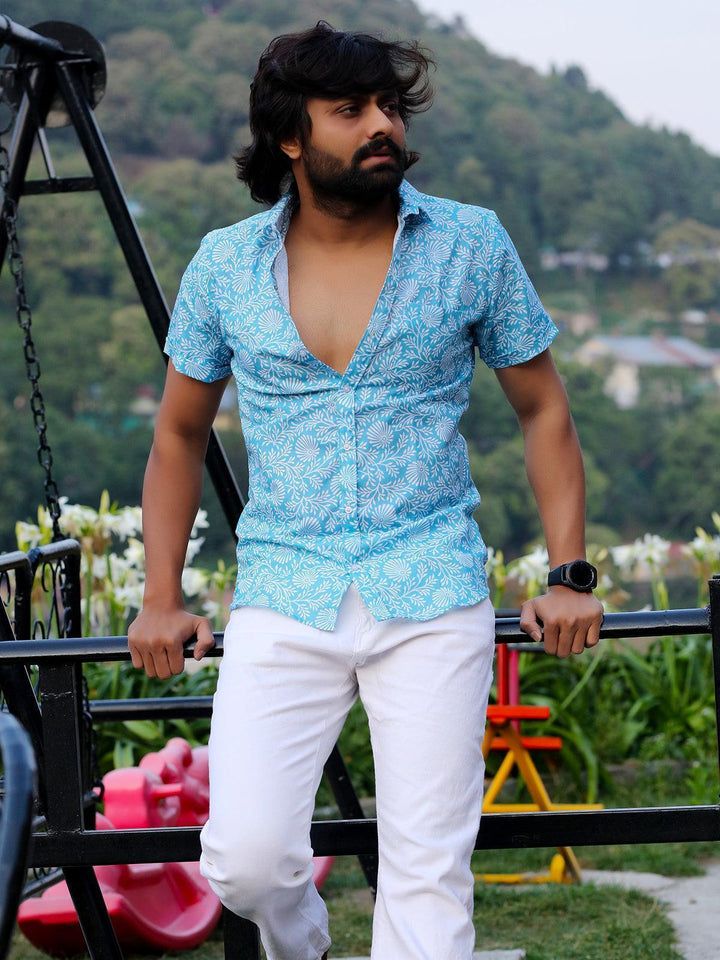 Turquoise Color White Floral Printed Party Wear Mens Shirt - VJV Now