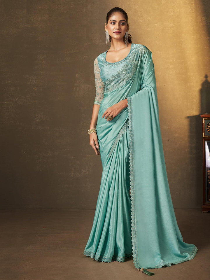 turquoise Georgette Saree with Sequins Embroidered Party Wear - VJV Now