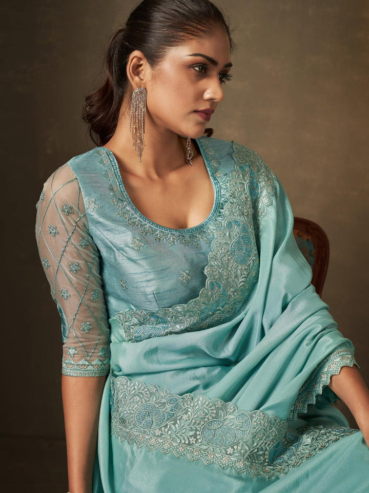 turquoise Georgette Saree with Sequins Embroidered Party Wear - VJV Now