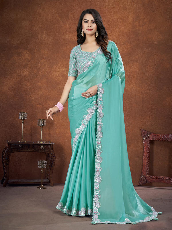 Turquoise Sequin Silk Party Wear Saree with Embroidered Blouse - VJV Now