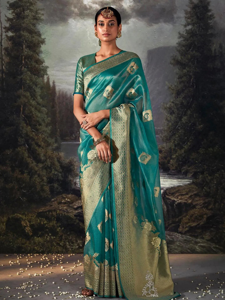 Turquoise Zari Weaving Banarasi Organza Silk Saree - VJV Now