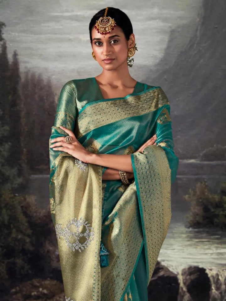 Turquoise Zari Weaving Banarasi Organza Silk Saree - VJV Now