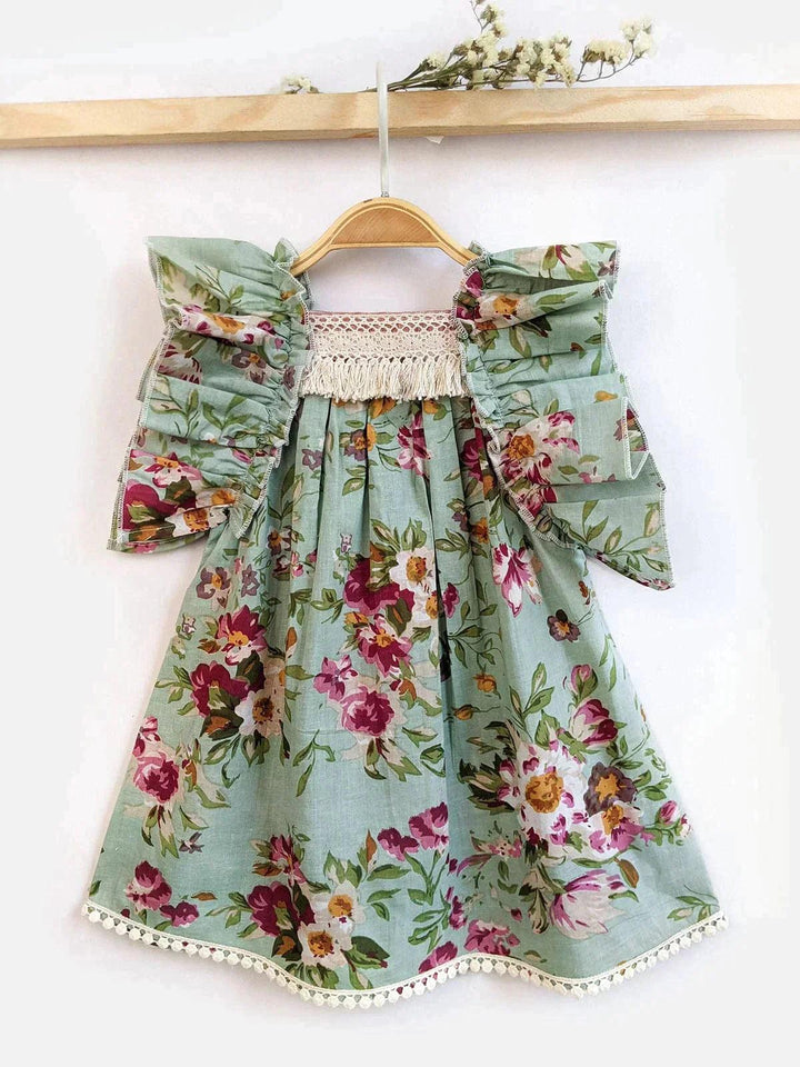 Victoria Pleated Floral Frilly Teal Baby Girl Dress - VJV Now
