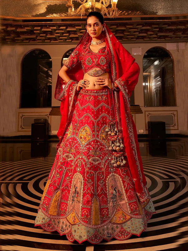 Embroidered Bridal Red Lehenga Choli Set with Sequins & Zardosi Work for weeding