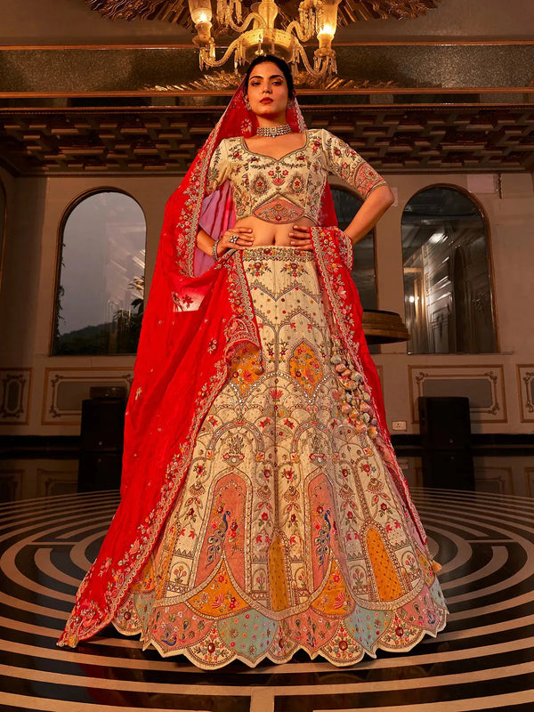 Off White Embroidered Bridal Lehenga Choli Set with Sequins & Zardosi Work for weeding