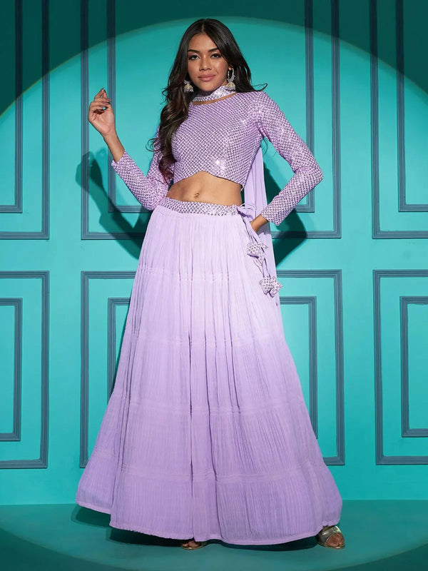 Wear Lavender Georgette Embroidered N Sequins Umbrella Lehenga Choli - VJV Now