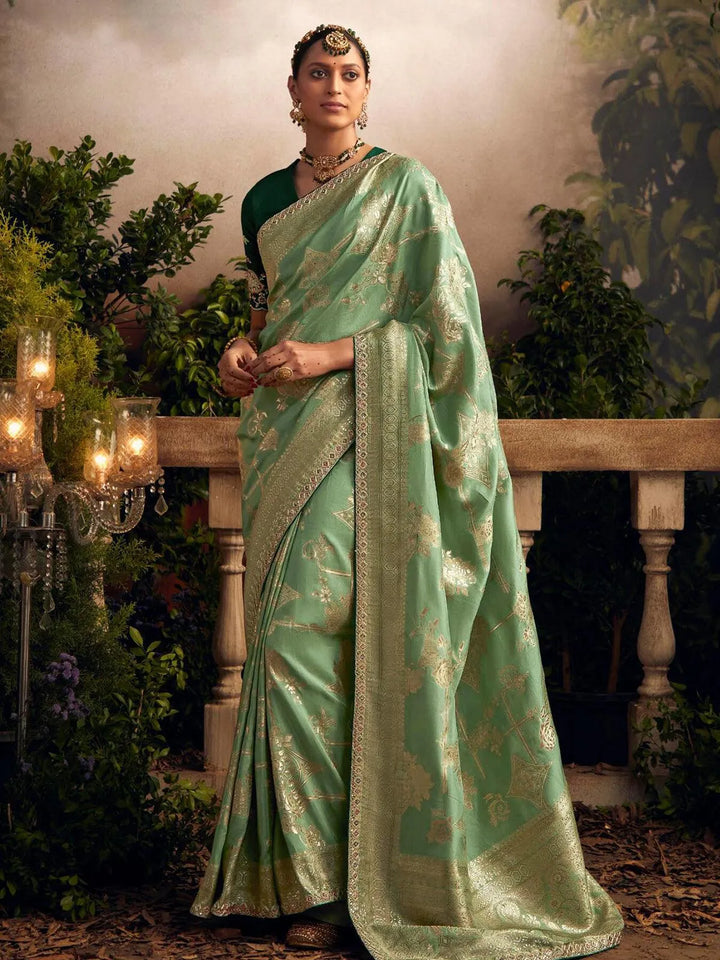 Wedding Designer Wear Pista Green Art Silk Zari Work Saree - VJV Now