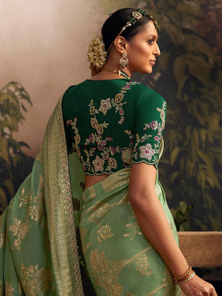 Wedding Designer Wear Pista Green Art Silk Zari Work Saree - VJV Now