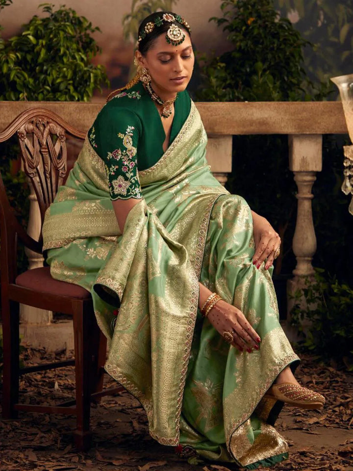 Wedding Designer Wear Pista Green Art Silk Zari Work Saree - VJV Now