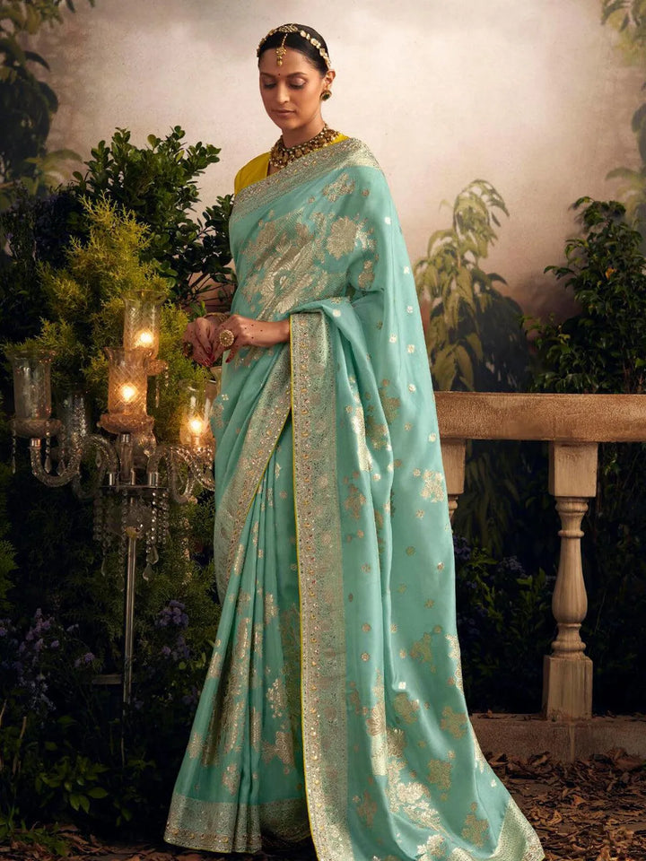 Wedding Designer Wear Sea Green Art Silk Zari Work Saree - VJV Now