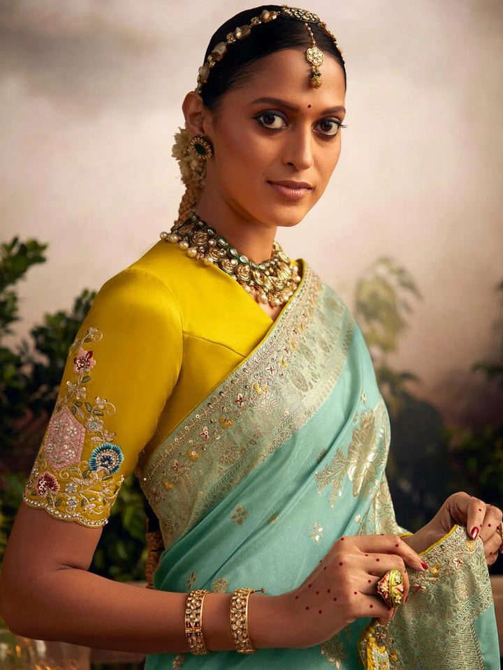 Wedding Designer Wear Sea Green Art Silk Zari Work Saree - VJV Now