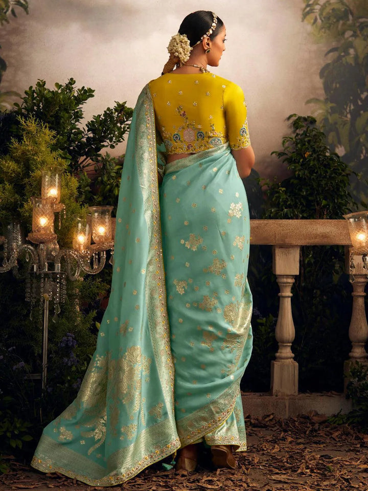 Wedding Designer Wear Sea Green Art Silk Zari Work Saree - VJV Now