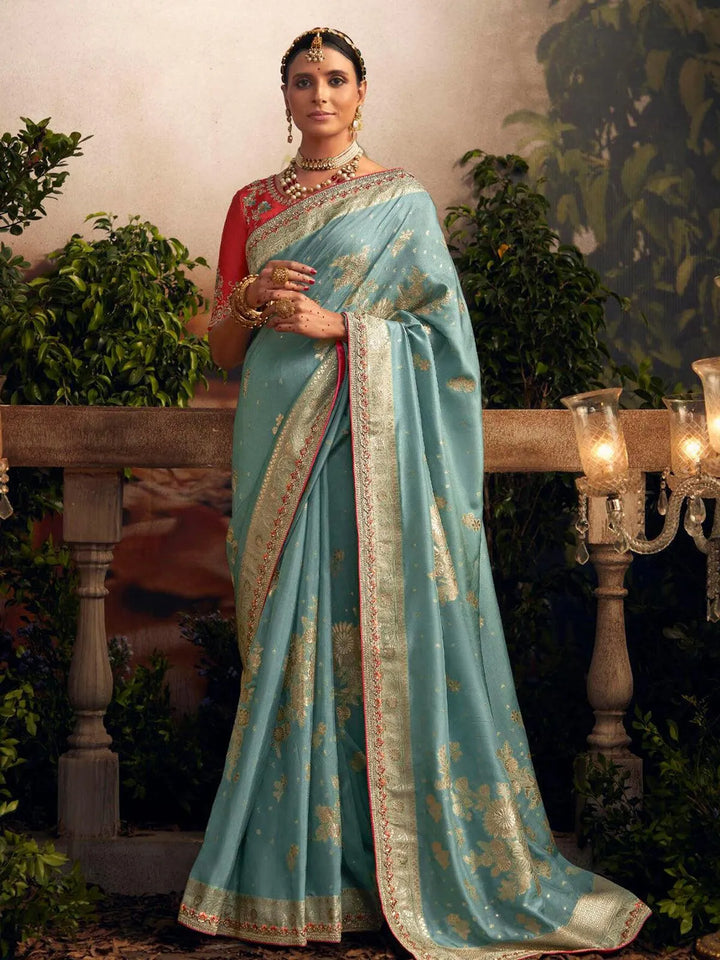 Wedding Designer Wear Turquoise Art Silk Zari Work Saree - VJV Now