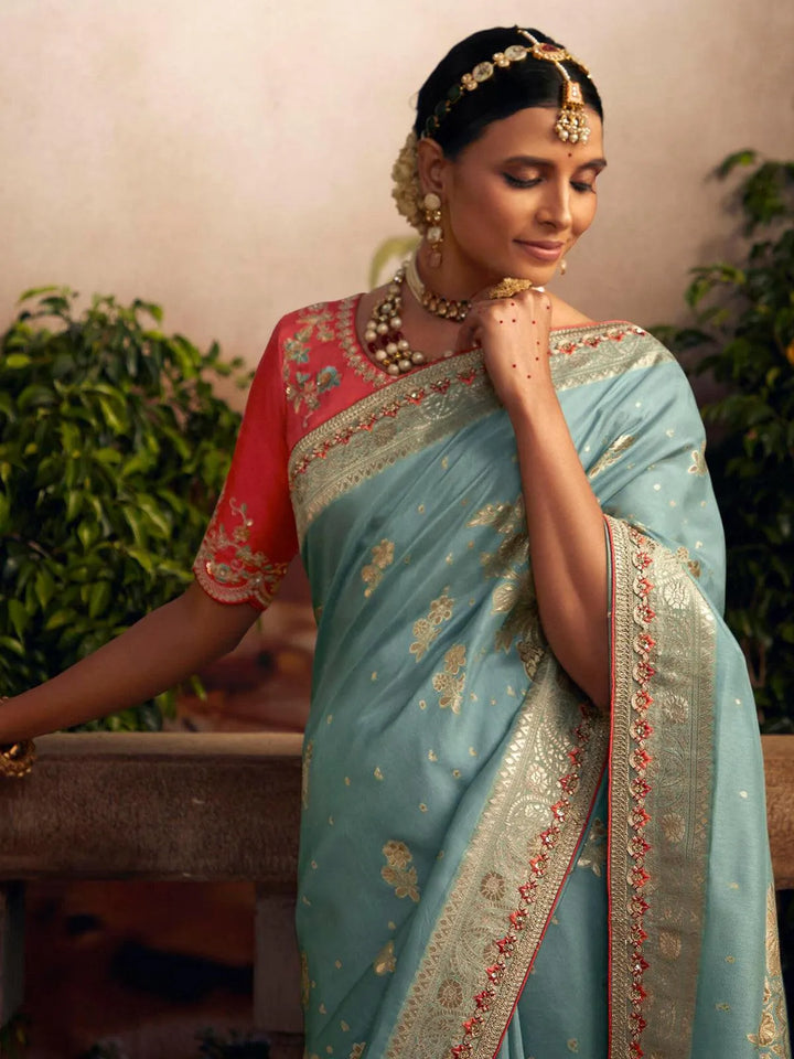 Wedding Designer Wear Turquoise Art Silk Zari Work Saree - VJV Now