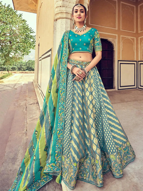 Wedding Grey Art Silk Sequins Embroidered Umbrella Lehenga - VJV Now