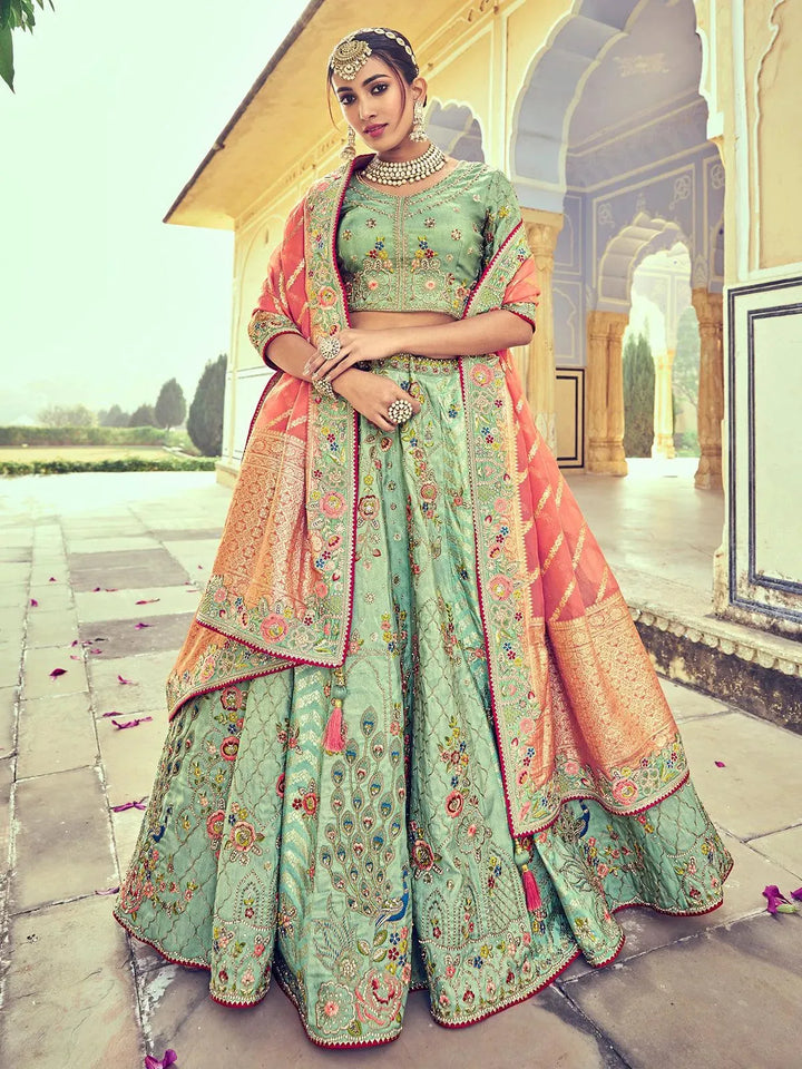 Wedding Light Firozi Gajari Art Silk Sequins Embroidered Umbrella Lehenga - VJV Now