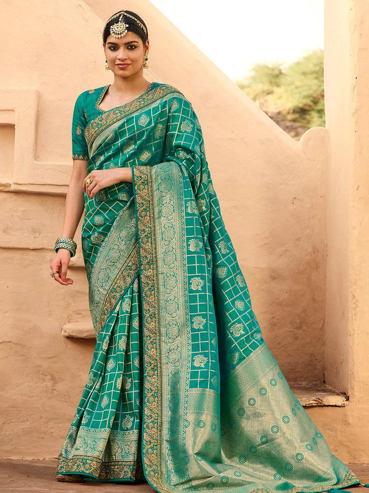 Wedding Wear Aqua Blue Banarasi Silk Saree - VJV Now