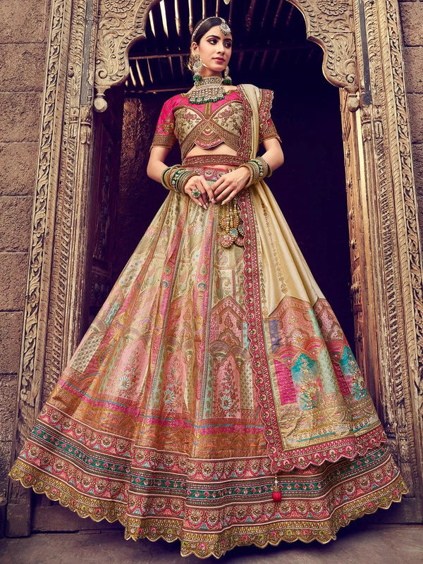 Wedding Wear Beige Embroidery With Sequins Umbrella Lehenga choli - VJV Now