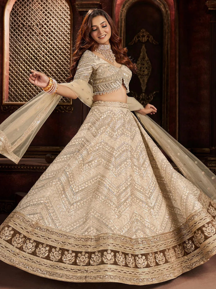 Wedding Wear Beige Organza Embroidered Net Bridal Umbrella Lehenga Coli - VJV Now