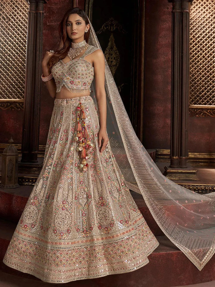 Wedding Wear Beige Organza Multi Color Embroidered Net Bridal Umbrella Lehenga Coli - VJV Now