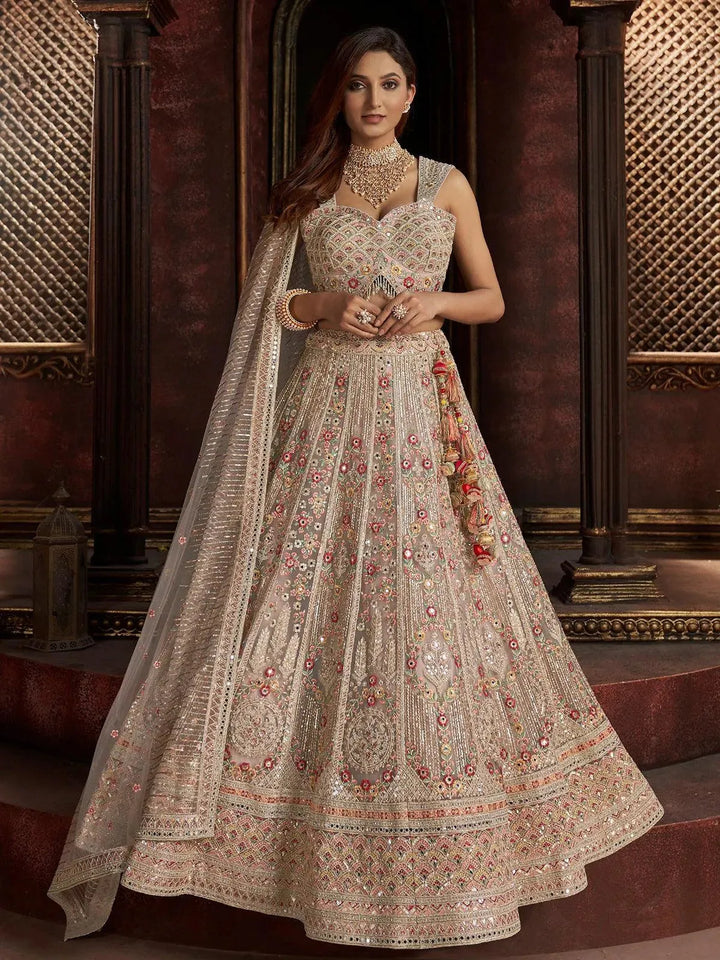 Wedding Wear Beige Organza Multi Color Embroidered Net Bridal Umbrella Lehenga Coli - VJV Now