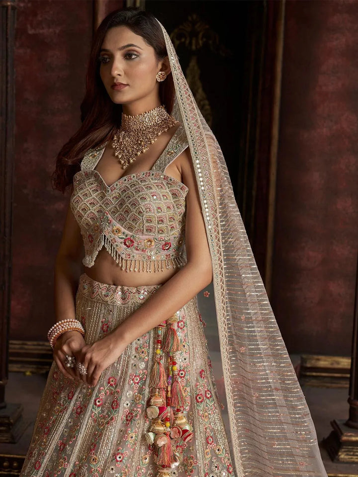 Wedding Wear Beige Organza Multi Color Embroidered Net Bridal Umbrella Lehenga Coli - VJV Now