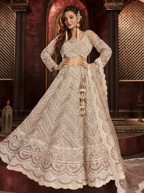 Wedding Wear Beige Organza sequins Embroidered Net Bridal Umbrella Lehenga Coli - VJV Now