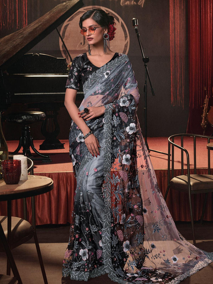 Wedding Wear Black And Grey Embroidered Net Saree With Sequence Moti & Flower Heavy Work - VJV Now