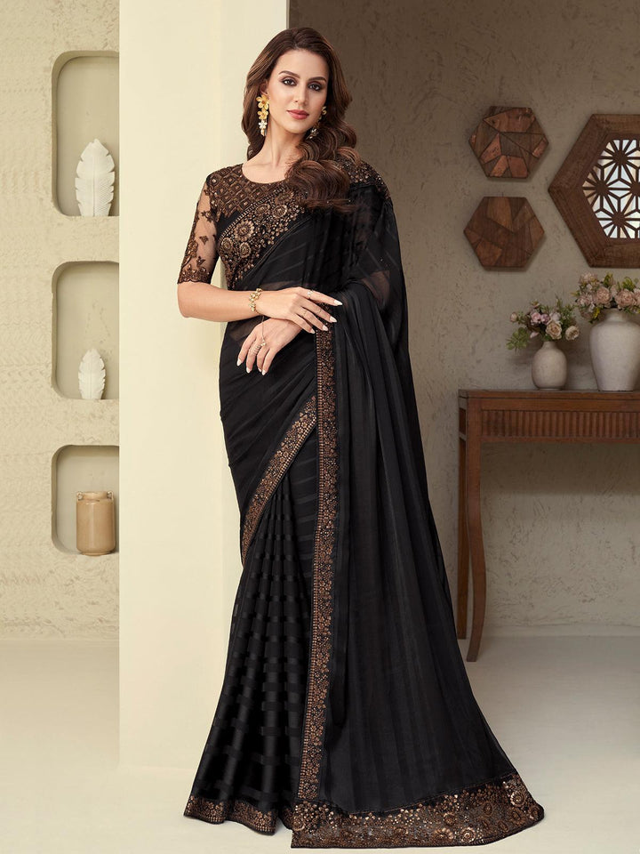 Wedding Wear Black Embroidered Border Chiffon Silk Saree - VJV Now
