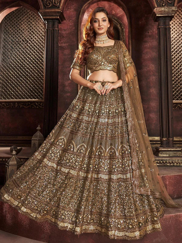 Wedding Wear Brown Organza Embroidered Net Bridal Umbrella Lehenga Coli - VJV Now