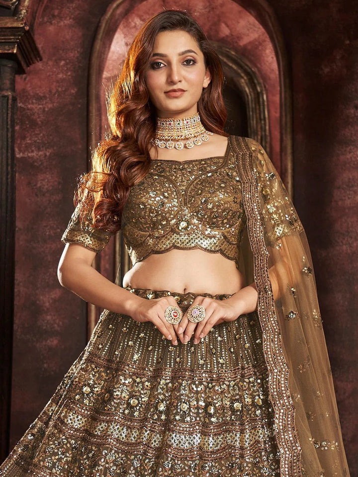 Wedding Wear Brown Organza Embroidered Net Bridal Umbrella Lehenga Coli - VJV Now