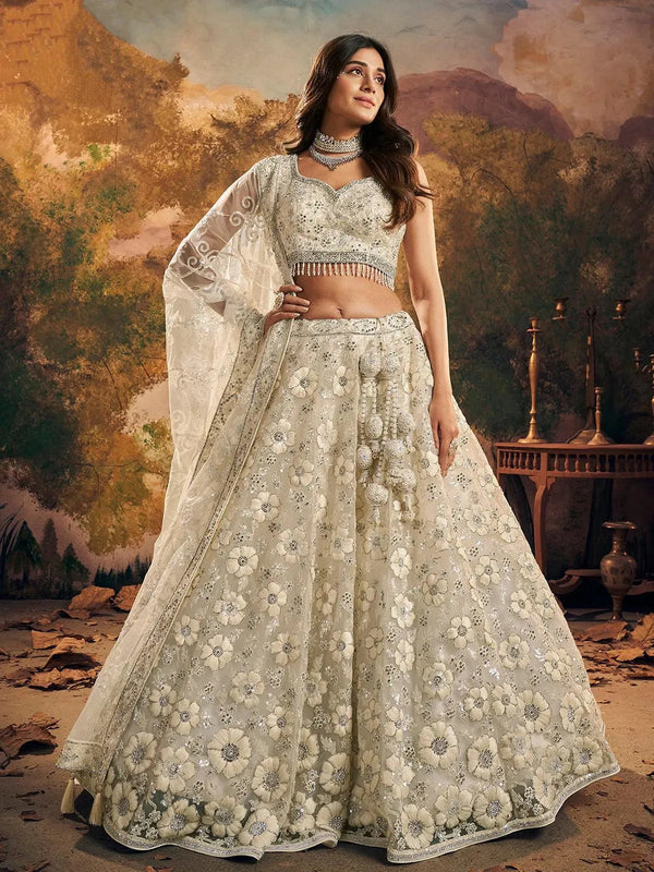 Wedding Wear Cream Net Embroidered Umbrella Lehenga Choli - VJV Now