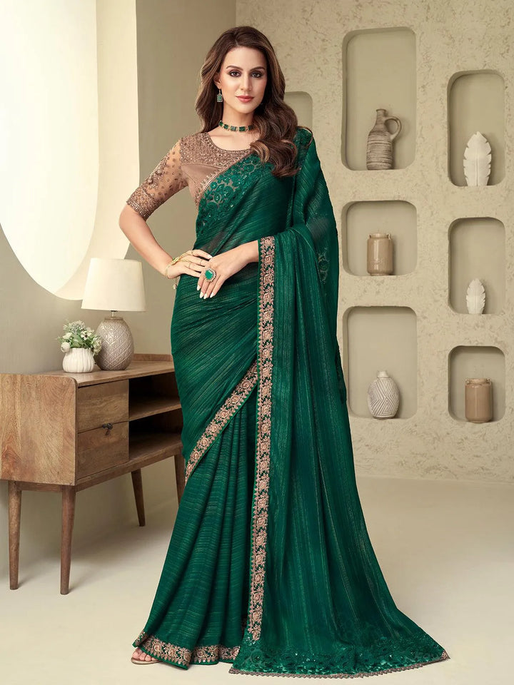 Wedding Wear Dark Green Embroidered Border Chiffon Silk Saree - VJV Now