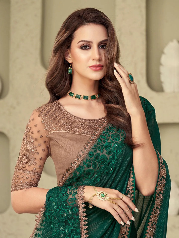 Wedding Wear Dark Green Embroidered Border Chiffon Silk Saree - VJV Now