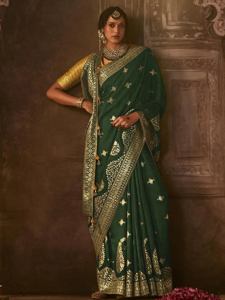 Wedding Wear Dark Green Georgette Banarasi Dola Silk Saree - VJV Now