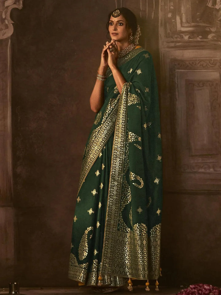 Wedding Wear Dark Green Georgette Banarasi Dola Silk Saree - VJV Now