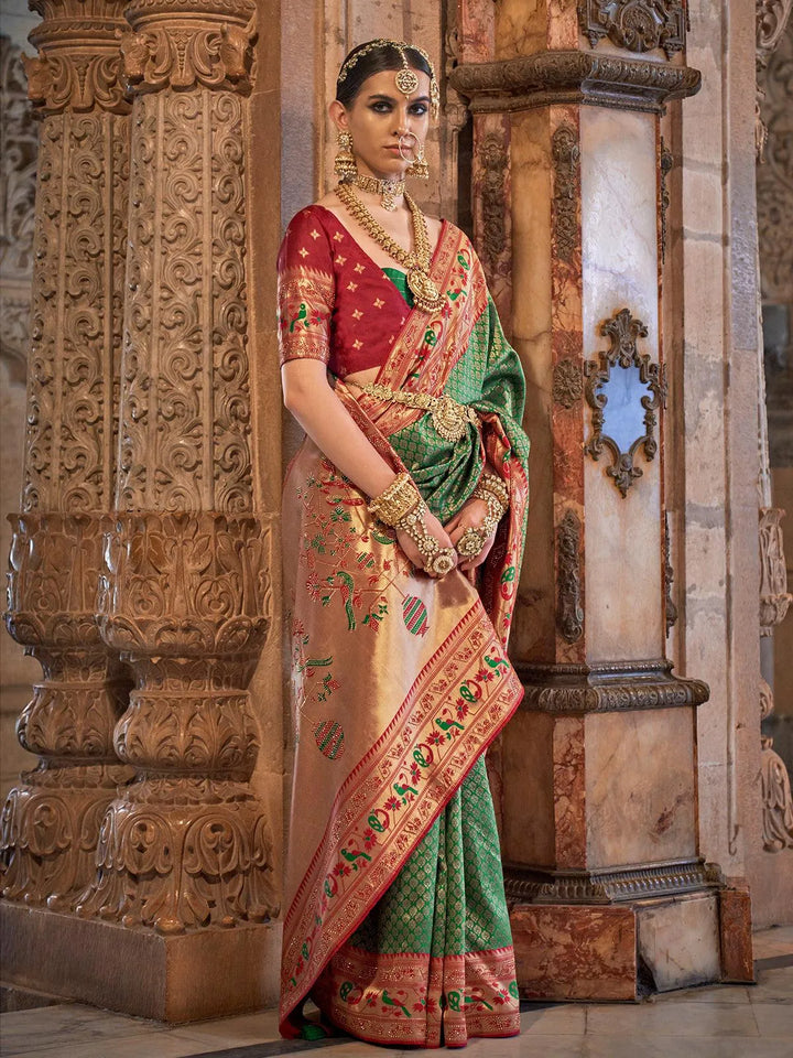 Wedding Wear Dark Green Woven Banarasi Silk Saree - VJV Now